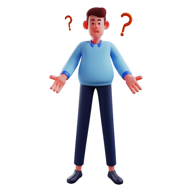 Ilustración 3D Personaje de dibujos animados 3D El trabajador tiene muchas preguntas muestra una pose de brazos abiertos pensando