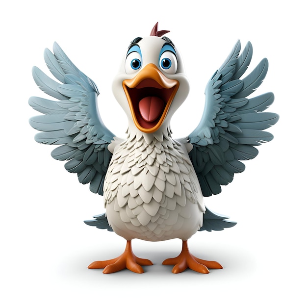 Ilustración 3D de un personaje de dibujos animados con alas de pájaro y boca abierta