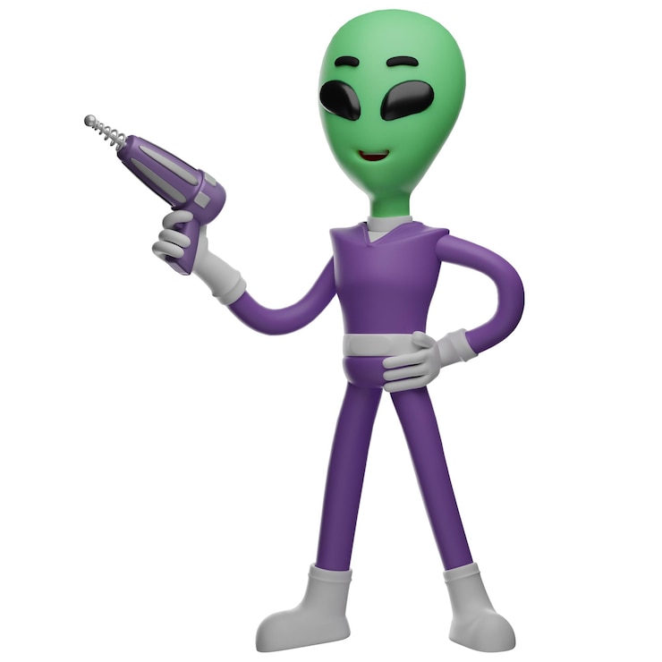 Foto ilustración 3d el personaje de dibujos animados alien 3d tiene una pose genial con las manos en la cintura sosteniendo una pistola
