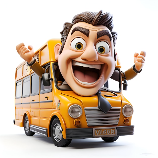 Foto ilustración 3d de un personaje de dibujos animados con un autobús escolar en fondo blanco