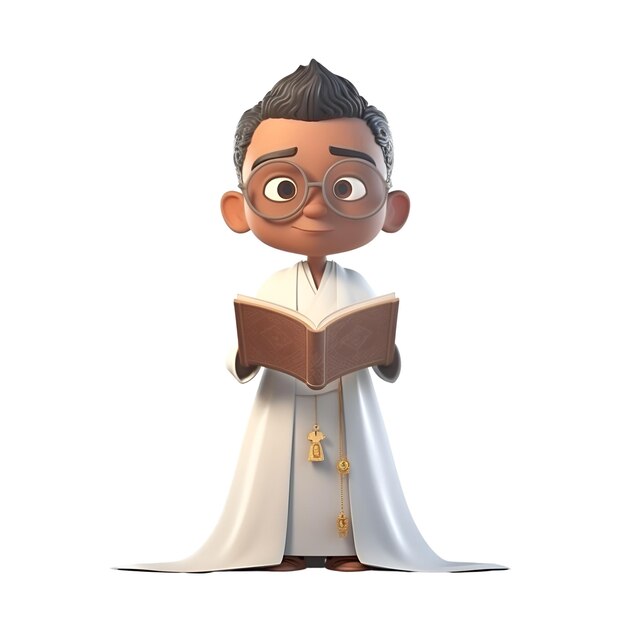 Ilustración 3D de un personaje de dibujos animados con una Biblia en las manos