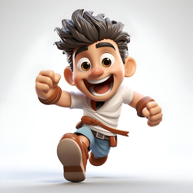 Ilustración 3D de un personaje de dibujos animados corriendo con una sonrisa en la cara.