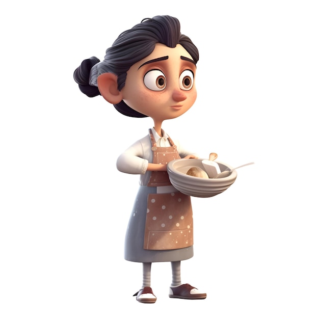 Ilustración 3D de un personaje de dibujos animados con delantal y utensilios de cocina