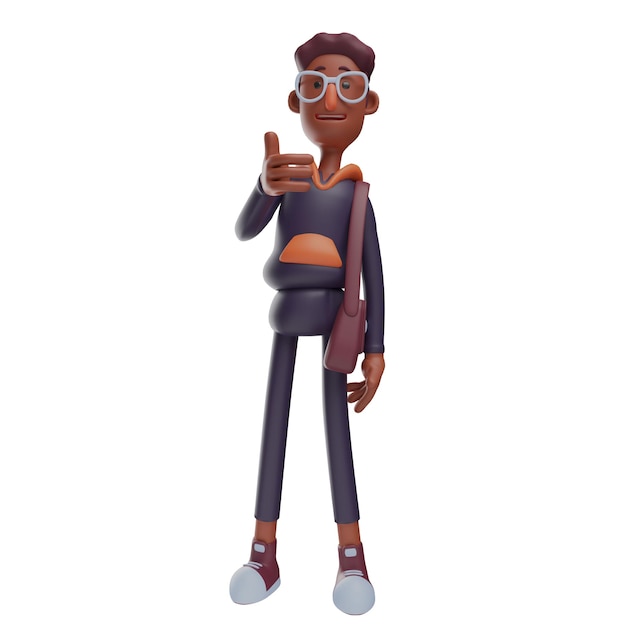 Ilustración en 3D Personaje de dibujos animados de estudiantes en 3D que muestra los pulgares hacia arriba con el dedo usando una bolsa marrón en las s
