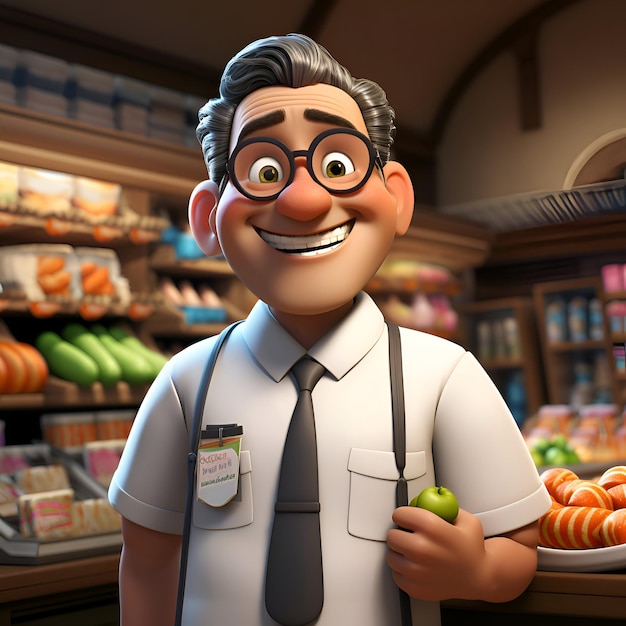 Ilustración 3D de un personaje de dibujos animados con fondo de una tienda de comestibles