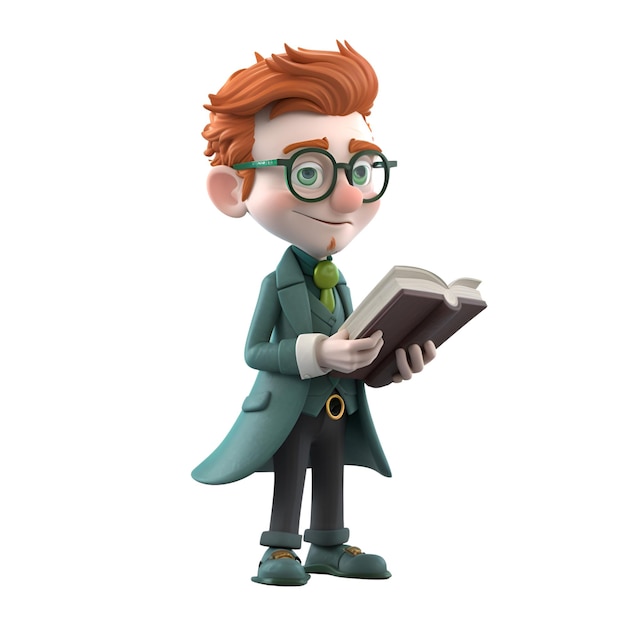 Ilustración 3D de un personaje de dibujos animados con gafas leyendo un libro