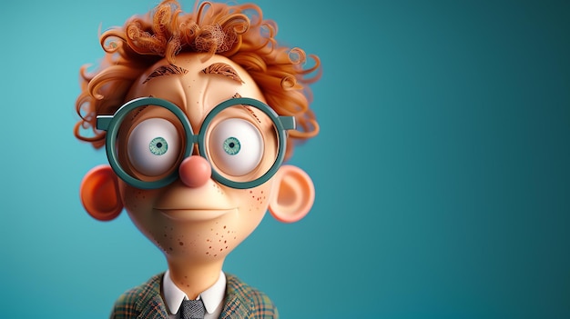 Ilustración 3D de un personaje de dibujos animados gracioso con ojos grandes y gafas El personaje lleva un traje y tiene una expresión de sorpresa en su cara