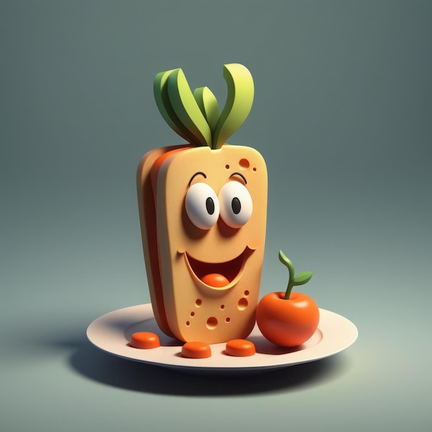 Ilustración 3D de un personaje de dibujos animados de un gran jugo de naranja con un gran trozo de tomate un gran sa