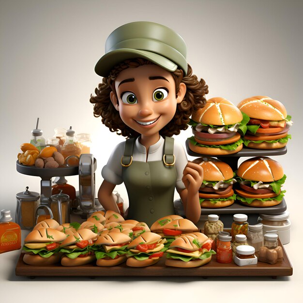 Foto ilustración 3d de un personaje de dibujos animados con hamburguesas y verduras