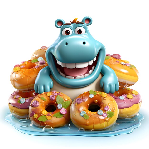Foto ilustración 3d de un personaje de dibujos animados de hipopótamo con rosquillas y jalea