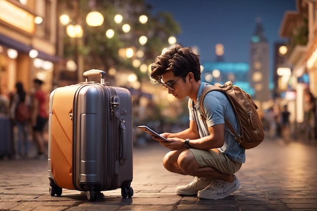 Ilustración 3D personaje de dibujos animados joven viajero hombre buscando ubicación o mapa en el teléfono inteligente durante el viaje en vacaciones de verano maleta por su lado renderización