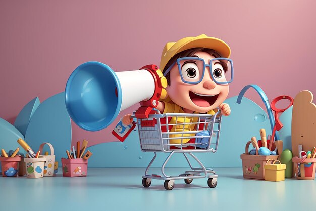 Ilustración en 3D de un personaje de dibujos animados con la mano en el megáfono promo de compras