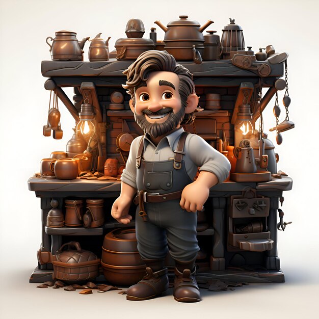 Foto ilustración 3d de un personaje de dibujos animados con una máquina de café de madera