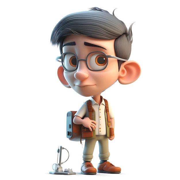 Ilustración 3D de un personaje de dibujos animados con una mochila y una escala