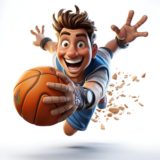 Foto ilustración 3d de un personaje de dibujos animados con una pelota de baloncesto y un signo de victoria