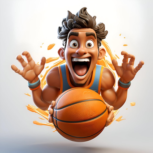 Ilustración 3D de un personaje de dibujos animados con una pelota de baloncesto sobre fondo blanco.