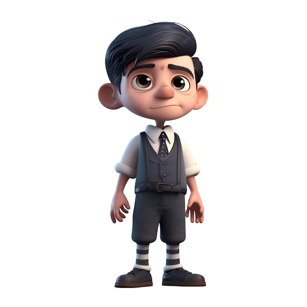 Ilustración 3D de un personaje de dibujos animados con tirantes y corbata