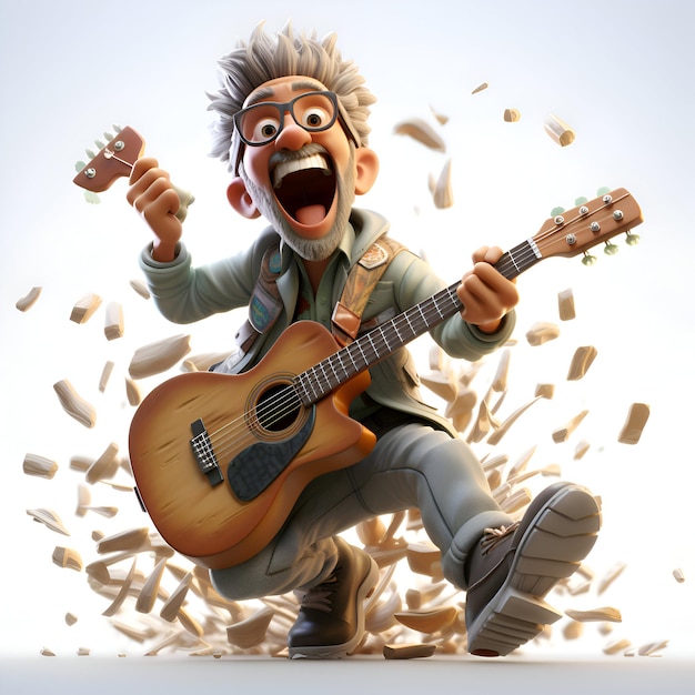 Ilustración 3D de un personaje de dibujos animados tocando la guitarra con un fondo blanco