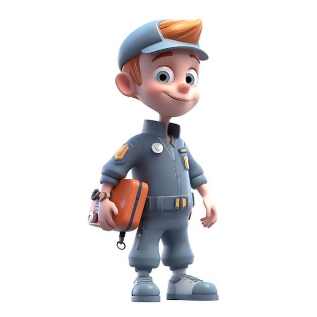 Ilustración 3D de un personaje de dibujos animados con uniforme de policía y bolsa