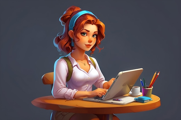 Ilustración 3D de un personaje de diseñadora gráfica femenina trabajando en una tableta