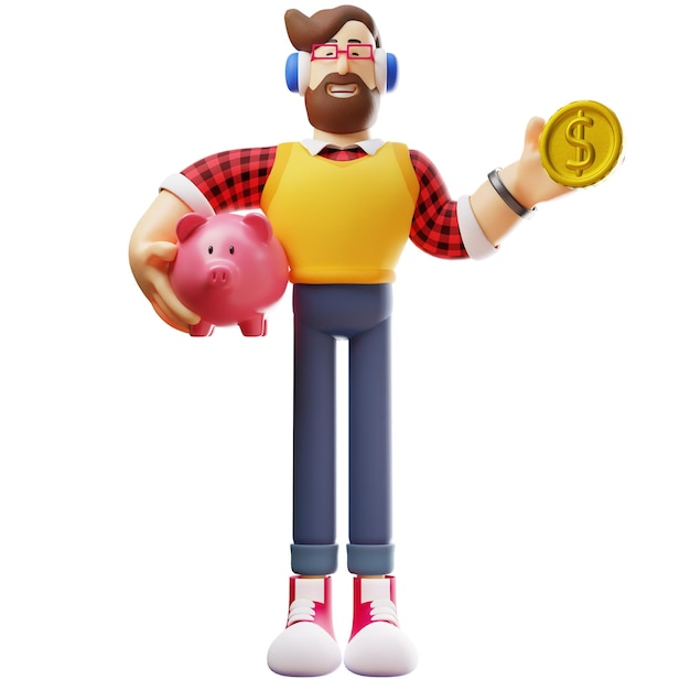 Ilustración 3D Personaje masculino 3D con una moneda que trae una alcancía con una sonrisa alegre