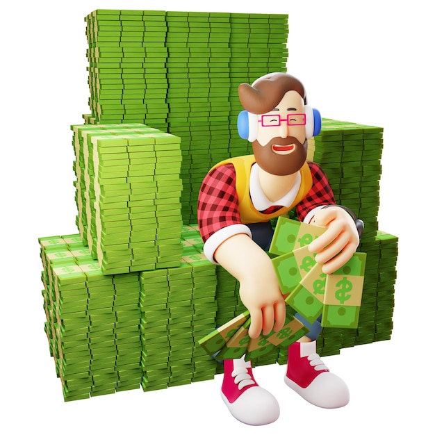 Foto ilustración 3d el personaje masculino 3d sentado en un montón de dinero tiene un montón de dinero mostrando