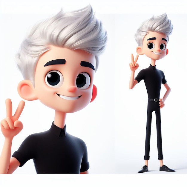 Ilustración en 3D de un personaje masculino de cabello blanco con una camisa negra