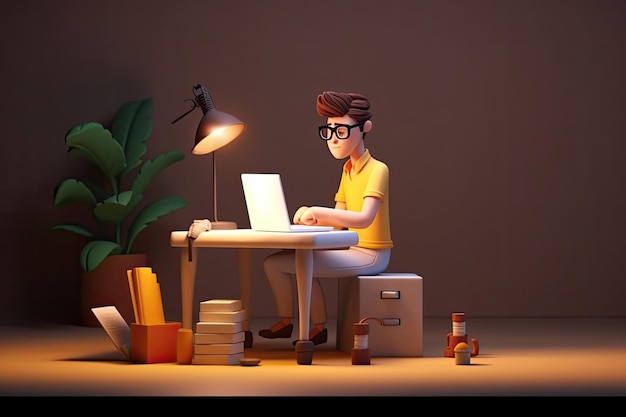 Ilustración 3d de un personaje masculino que trabaja en el escritorio con una computadora portátil generada por IA