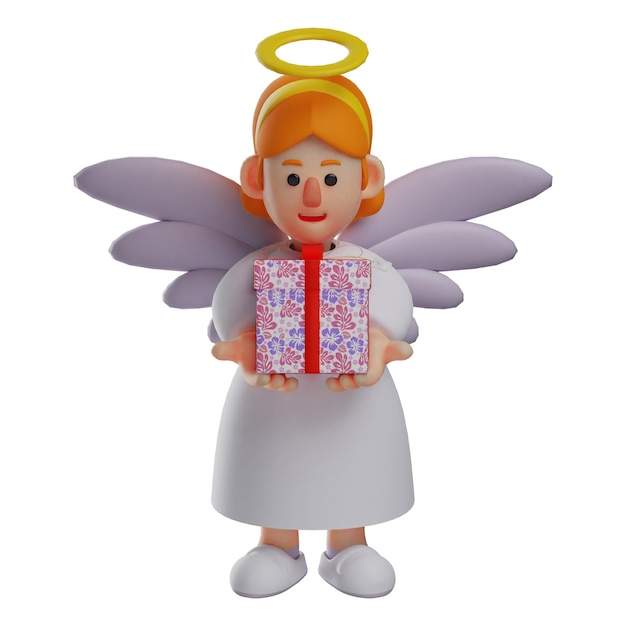 Ilustración 3D El personaje Ángel 3D tiene un regalo con una linda sonrisa y usa alas blancas en la espalda