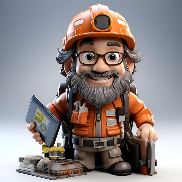 Ilustración 3D de un personaje de trabajador industrial con una tableta y herramientas