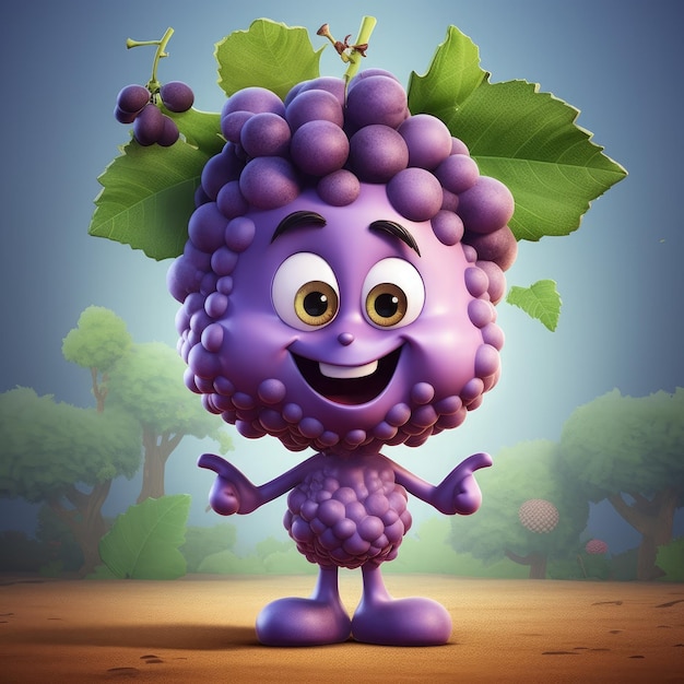 Foto ilustración 3d del personaje de uvas que se dibuja en estilo de dibujos animados generado por ai