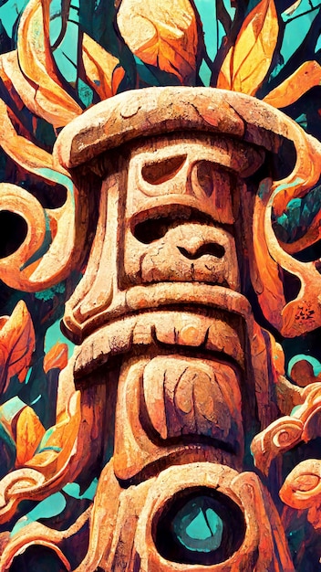 Ilustración 3D del pilar de piedra de estilo maya del bosque