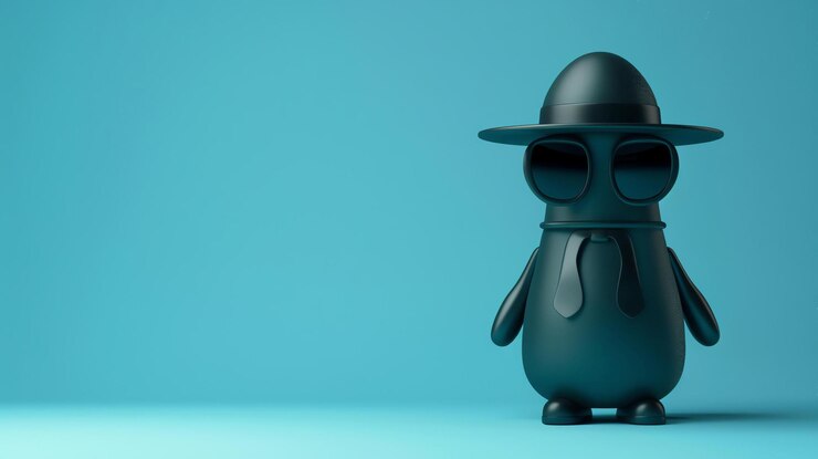 Foto ilustración 3d de un pingüino lindo con sombrero y gafas de sol el pingüino está de pie sobre un fondo azul y mirando a la cámara