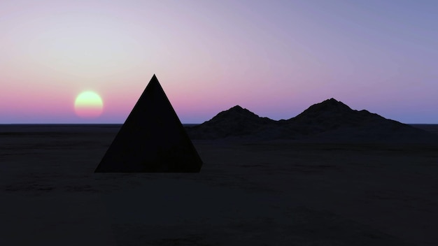 Ilustración 3D de la pirámide y las montañas en los rayos del atardecer