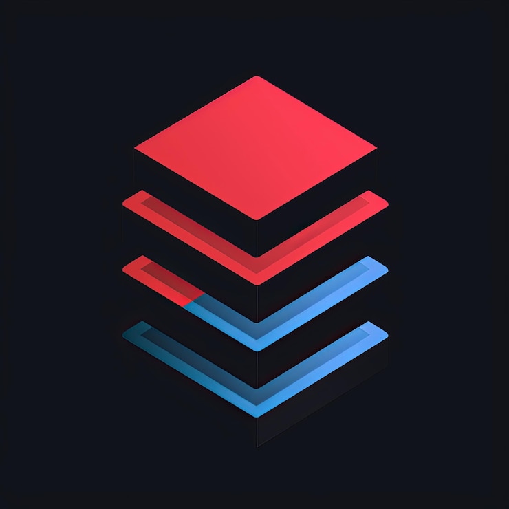 Foto ilustración 3d de una pirámide roja y azul sobre un fondo negro