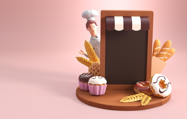 Ilustración 3D de pizarra de panadería aislada