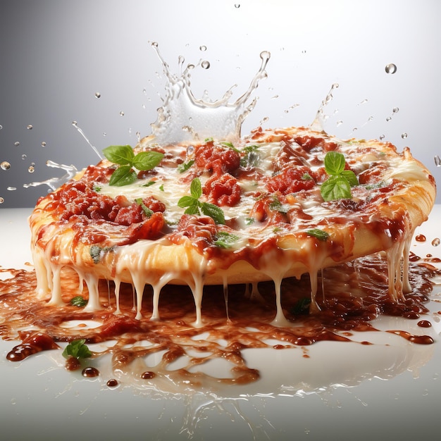 Ilustración en 3D Pizza redonda y grande con salpicaduras de queso