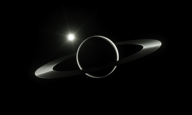Ilustración 3D. Planeta luminoso y brillante con anillo en el espacio exterior. Concepto de ciencia ficción.
