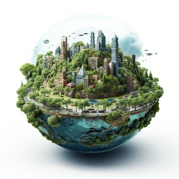 Ilustración 3D del planeta Tierra con cuidado del medio ambiente sobre fondo blanco.
