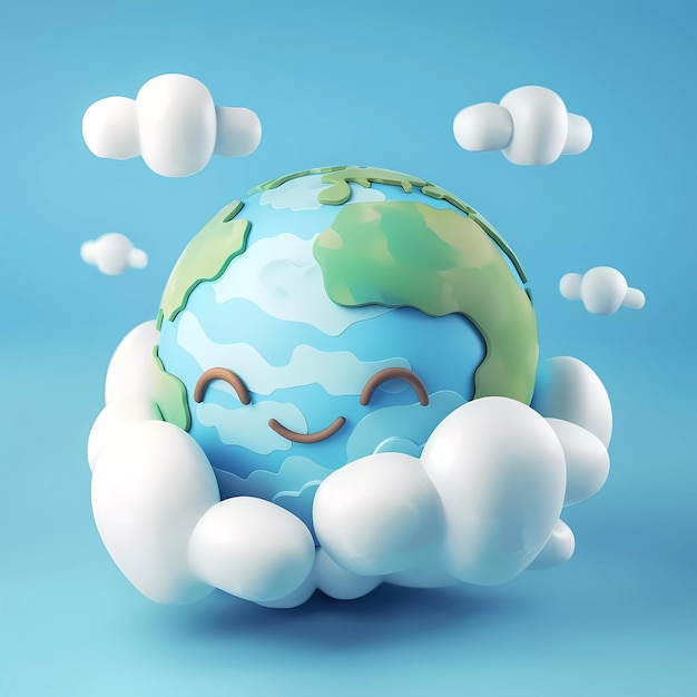 Ilustración 3D del planeta Tierra con emoción positiva Nubes tridimensionales alrededor del Día de la Tierra