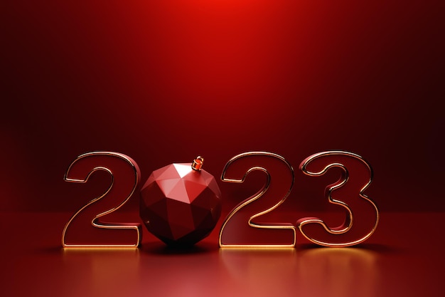 Ilustración 3d Plantilla de fondo de feliz año nuevo 2023 Ilustración 3D volumétrica de vacaciones del número rojo 2023 Diseño de cartel o pancarta festivo Fondo moderno de feliz año nuevo