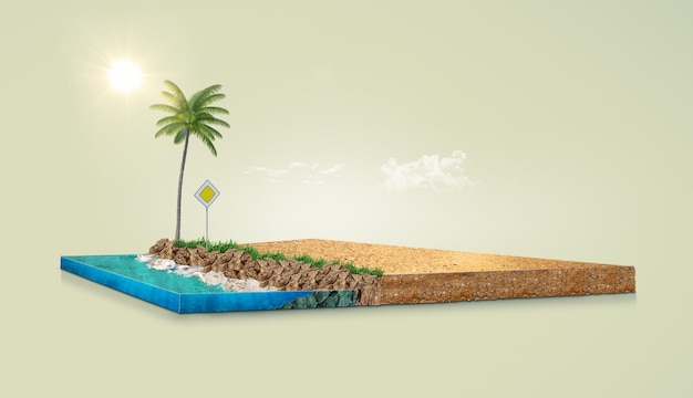 Ilustración 3d de la playa del anuncio del desierto y la palma aislada del desierto y la roca marina Viajes