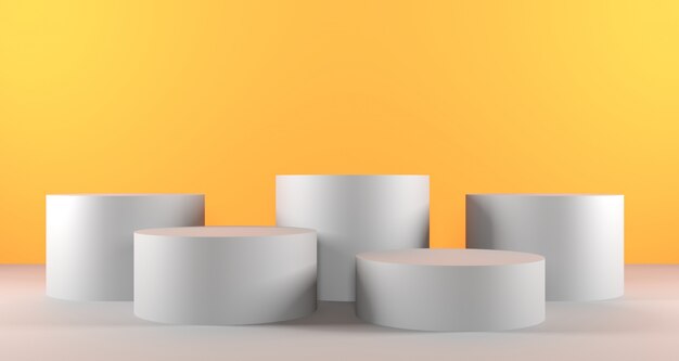 Ilustración 3d de podio de cilindro blanco sobre color de fondo amarillo