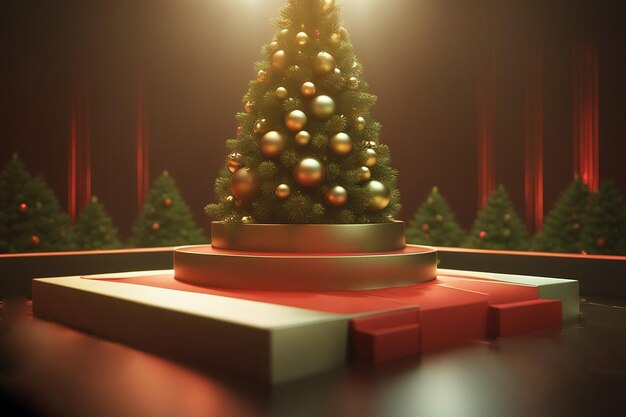 Ilustración 3D del podio en el fondo de un árbol de Año Nuevo un hermoso fondo de Año nuevo