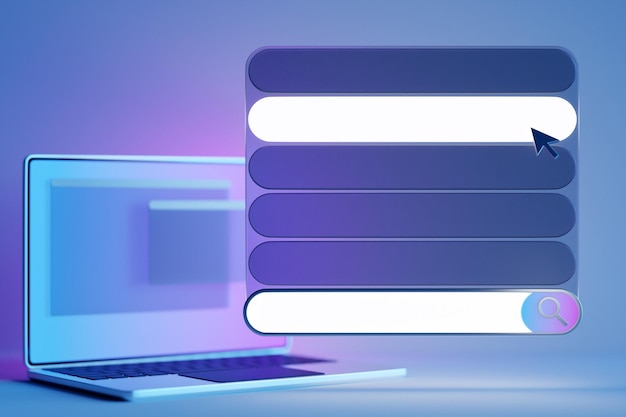 Ilustración 3d portátil con cuadro de cuadro de búsqueda panel de internet con icono de lupa cuadro blanco grande para la selección de opciones sobre fondo azul