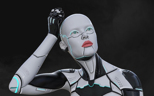 Ilustración 3d de una pose de cyborg de IA de mujer sobre fondo negro con un proyecto de IA de trazado de recorte