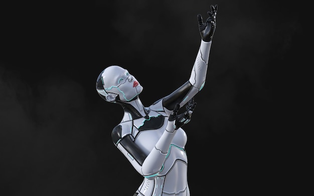 Ilustración 3d de una pose de cyborg de IA de mujer sobre fondo negro con un proyecto de IA de trazado de recorte