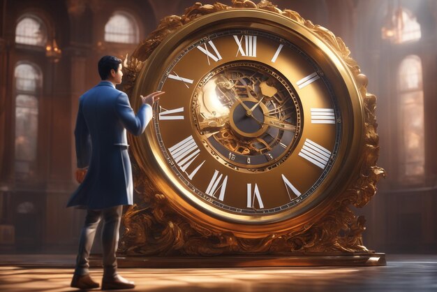 Foto ilustración 3d de pose de personaje masculino apuntando al personaje de hombre de negocios del reloj