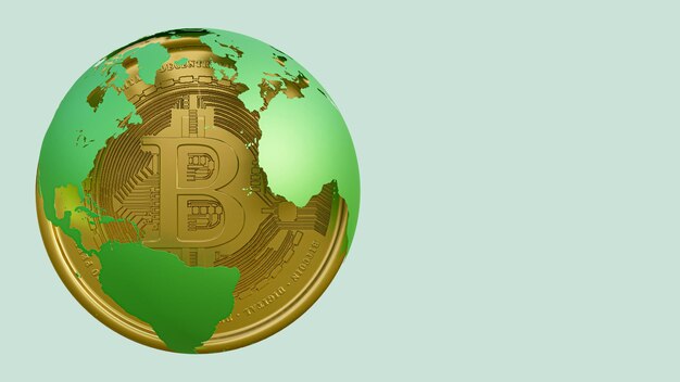 Ilustración 3D prestados de un bitcoin dorado dentro de un globo verde metálico