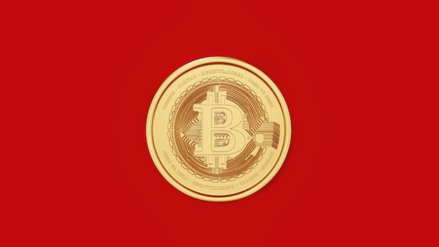 Ilustración 3D prestados de un bitcoin dorado sobre fondo rojo brillante